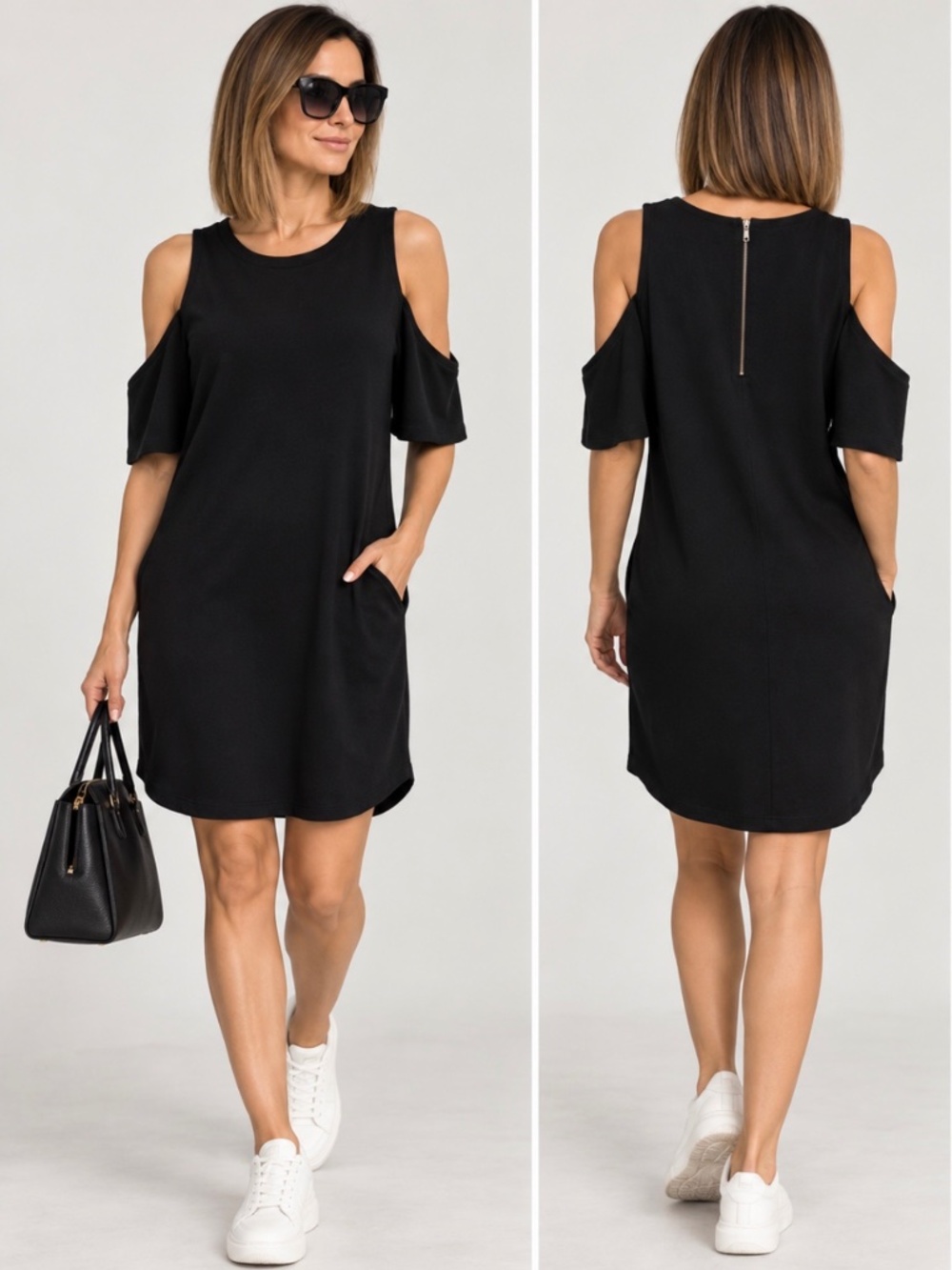 Calvin Klein Jeans Women Black Cold Shoulder Shift Mini Dress Pockets